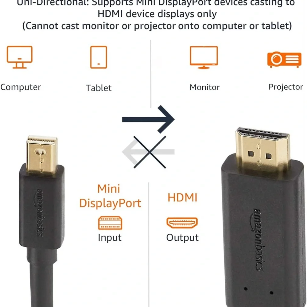 Amazon Basics Mini DisplayPort Male to HDMI Male Cable, 1080p, Gold-Plated Plugs